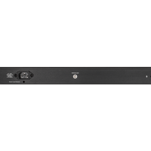 Rear view of D-Link DGS-1210-52MP smart switch showing power connection and cooling vents