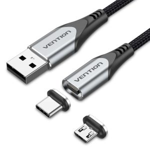 Vention USB 2.0 A Male to 2-in-1 Micro-B&USB-C Male Magnetic Cable 1M Gray