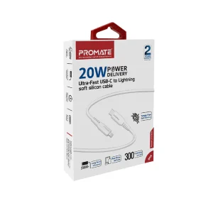 Promate 20W Power Delivery Fast Charging USB-C to Lightning Cable •  Soft Touch Silicon • 3 Meter Cable Length-POWERLINK-300.WHITE