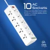 Promate 10AC Socket Space Efficient Power Strip with 20W USB-C Power Delivery, Quick Charge 3.0 Port and 3 USB Ports, 3m Cable Length