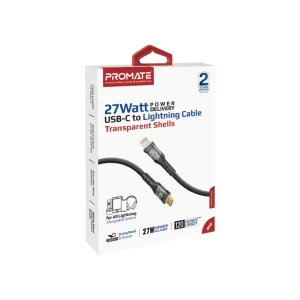 Promate 27W Power Delivery USB-C to Lightning Transparent Cable, 1.2m Cable Length,