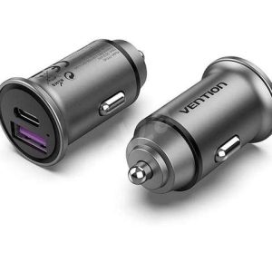 Vention Two-Port USB A+A(30+30) Car Charger Gray Mini Style Aluminium Alloy Type, FFFH0