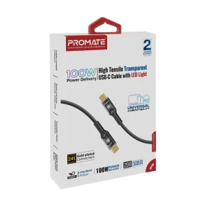 Promate 100W Power Delivery Ultra-Fast USB-C Cable with Transparent Shells - LUCIDLINE-CC200.BLACK 2m
