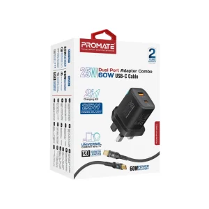 Promate 25W Power Delivery Dual Port Adapter Combo with 60W USB-C Cable