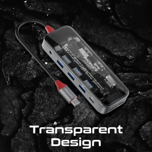 Promate 11-in-1 Transparent Ultra-Fast Multi-Port USB-C Hub with 100W Power Delivery • 4K HDMI & Display Port • 1000Mbps LAN • USB 3.0 & USB 2.0 Ports
