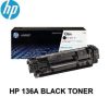 HP 136A Black Original LaserJet Toner Cartridge packaging. Side view of HP 136A Toner Cartridge showing model number W1360A. HP 136A Toner Cartridge installed in an HP LaserJet printer. Close-up of the HP 136A Toner Cartridge's JetIntelligence label. HP 136A Toner Cartridge alongside compatible HP LaserJet printer models. HP 136A Toner Cartridge box displaying page yield information.