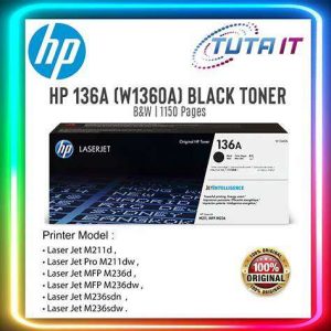 HP 136A Black Original LaserJet Toner Cartridge packaging. Side view of HP 136A Toner Cartridge showing model number W1360A. HP 136A Toner Cartridge installed in an HP LaserJet printer. Close-up of the HP 136A Toner Cartridge's JetIntelligence label. HP 136A Toner Cartridge alongside compatible HP LaserJet printer models. HP 136A Toner Cartridge box displaying page yield information.