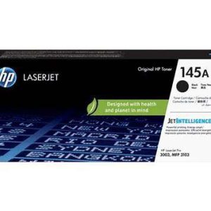 HP 145A Black Original LaserJet Toner Cartridge packaging. Side view of HP 145A Toner Cartridge showing model number W1450A. HP 145A Toner Cartridge installed in an HP LaserJet Pro printer. Close-up of the HP 145A Toner Cartridge's JetIntelligence label. HP 145A Toner Cartridge alongside compatible HP LaserJet Pro printer models. HP 145A Toner Cartridge box displaying page yield information