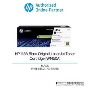 HP 145A Black Original LaserJet Toner Cartridge packaging. Side view of HP 145A Toner Cartridge showing model number W1450A. HP 145A Toner Cartridge installed in an HP LaserJet Pro printer. Close-up of the HP 145A Toner Cartridge's JetIntelligence label. HP 145A Toner Cartridge alongside compatible HP LaserJet Pro printer models. HP 145A Toner Cartridge box displaying page yield information
