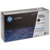 HP 151A Black Original LaserJet Toner Cartridge packaging. Side view of HP 151A Toner Cartridge showing model number W1510A. HP 151A Toner Cartridge installed in an HP LaserJet Pro printer. Close-up of the HP 151A Toner Cartridge's JetIntelligence label. HP 151A Toner Cartridge alongside compatible HP LaserJet Pro printer models. HP 151A Toner Cartridge box displaying page yield information.