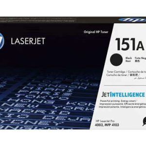 HP 151A Black Original LaserJet Toner Cartridge packaging. Side view of HP 151A Toner Cartridge showing model number W1510A. HP 151A Toner Cartridge installed in an HP LaserJet Pro printer. Close-up of the HP 151A Toner Cartridge's JetIntelligence label. HP 151A Toner Cartridge alongside compatible HP LaserJet Pro printer models. HP 151A Toner Cartridge box displaying page yield information.
