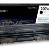HP 207A Black Original LaserJet Toner Cartridge packaging. Side view of HP 207A Toner Cartridge showing model number W2210A. HP 207A Toner Cartridge installed in an HP Color LaserJet Pro printer. Close-up of the HP 207A Toner Cartridge's JetIntelligence label. HP 207A Toner Cartridge alongside compatible HP Color LaserJet Pro printer models. HP 207A Toner Cartridge box displaying page yield information