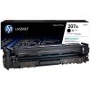 HP 207A Black Original LaserJet Toner Cartridge packaging. Side view of HP 207A Toner Cartridge showing model number W2210A. HP 207A Toner Cartridge installed in an HP Color LaserJet Pro printer. Close-up of the HP 207A Toner Cartridge's JetIntelligence label. HP 207A Toner Cartridge alongside compatible HP Color LaserJet Pro printer models. HP 207A Toner Cartridge box displaying page yield information