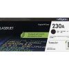 HP 230A Black Original LaserJet Toner Cartridge packaging. Side view of HP 230A Toner Cartridge showing model number W2300A. HP 230A Toner Cartridge installed in an HP Color LaserJet Pro printer. Close-up of the HP 230A Toner Cartridge's JetIntelligence label. HP 230A Toner Cartridge alongside compatible HP Color LaserJet Pro printer models. HP 230A Toner Cartridge box displaying page yield information.