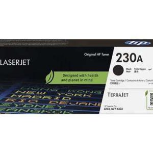HP 230A Black Original LaserJet Toner Cartridge packaging. Side view of HP 230A Toner Cartridge showing model number W2300A. HP 230A Toner Cartridge installed in an HP Color LaserJet Pro printer. Close-up of the HP 230A Toner Cartridge's JetIntelligence label. HP 230A Toner Cartridge alongside compatible HP Color LaserJet Pro printer models. HP 230A Toner Cartridge box displaying page yield information.