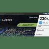HP 230A Cyan Original LaserJet Toner Cartridge packaging. Side view of HP 230A Cyan Toner Cartridge showing model number W2301A. HP 230A Cyan Toner Cartridge installed in an HP Color LaserJet Pro printer. Close-up of the HP 230A Cyan Toner Cartridge's JetIntelligence label. HP 230A Cyan Toner Cartridge alongside compatible HP Color LaserJet Pro printer models. HP 230A Cyan Toner Cartridge box displaying page yield information.
