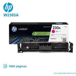 HP 230A Magenta Original LaserJet Toner Cartridge – Front View HP W2303A Magenta Toner Cartridge Packaging HP 230A Magenta Toner Installed in Printer Side Angle of HP 230A Magenta Cartridge HP 230A Magenta Toner Cartridge with Box Close-up of HP W2303A Toner Cartridge Label