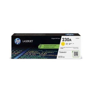 HP 230A Yellow Original LaserJet Toner Cartridge packaging. Side view of HP 230A Yellow Toner Cartridge showing model number W2302A. HP 230A Yellow Toner Cartridge installed in an HP Color LaserJet Pro printer. Close-up of the HP 230A Yellow Toner Cartridge's JetIntelligence label. HP 230A Yellow Toner Cartridge alongside compatible HP Color LaserJet Pro printer models. HP 230A Yellow Toner Cartridge box displaying page yield information.