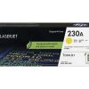 HP 230A Yellow Original LaserJet Toner Cartridge packaging. Side view of HP 230A Yellow Toner Cartridge showing model number W2302A. HP 230A Yellow Toner Cartridge installed in an HP Color LaserJet Pro printer. Close-up of the HP 230A Yellow Toner Cartridge's JetIntelligence label. HP 230A Yellow Toner Cartridge alongside compatible HP Color LaserJet Pro printer models. HP 230A Yellow Toner Cartridge box displaying page yield information.