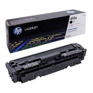 HP 410A Black Original LaserJet Toner Cartridge – Front View HP CF410A Black Toner Cartridge Packaging HP 410A Black Toner Installed in Printer Side Angle of HP 410A Black Cartridge HP 410A Black Toner Cartridge with Box Close-up of HP CF410A Toner Cartridge Label