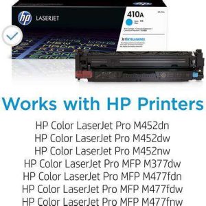 HP 410A Black Original LaserJet Toner Cartridge – Front View HP CF410A Black Toner Cartridge Packaging HP 410A Black Toner Installed in Printer Side Angle of HP 410A Black Cartridge HP 410A Black Toner Cartridge with Box Close-up of HP CF410A Toner Cartridge Label