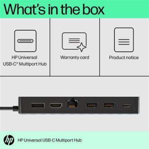 HP 7-in-1 USB-C Multiport Hub – Top View HP 50H98AA Hub – Side Profile HP USB-C Hub – Port Layout HP Multiport Adapter – Connected to Laptop HP 7-in-1 Hub – Packaging HP USB-C Hub – Compact Design