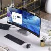 Front view of HP E34m G4 34" WQHD Curved USB-C Conferencing Monitor in black. Side profile showcasing the slim design of the HP E34m G4 monitor. Back panel displaying HDMI, DisplayPort, USB-C, USB-A, and Ethernet ports on the HP E34m G4 monitor. HP E34m G4 monitor on a desk setup with dual-screen configuration. Close-up of the ergonomic stand with tilt, swivel, and height adjustments on the HP E34m G4 monitor. HP E34m G4 monitor displaying vibrant visuals with 99% sRGB color gamut.
