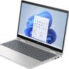 Front view of HP Envy x360 2-in-1 14-es1013dx i5 8GB 512GB SSD Touch Laptop Side profile showcasing ports on HP Envy x360 14-es1013dx Top-down view of keyboard and touchpad on HP Envy x360 14-es1013dx Close-up of HP True Vision 5MP camera on HP Envy x360 14-es1013dx HP Envy x360 14-es1013dx in Natural Silver finish HP Envy x360 14-es1013dx setup on a modern office desk