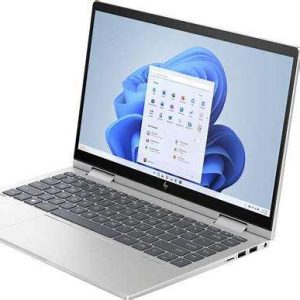Front view of HP Envy x360 2-in-1 14-es1013dx i5 8GB 512GB SSD Touch Laptop Side profile showcasing ports on HP Envy x360 14-es1013dx Top-down view of keyboard and touchpad on HP Envy x360 14-es1013dx Close-up of HP True Vision 5MP camera on HP Envy x360 14-es1013dx HP Envy x360 14-es1013dx in Natural Silver finish HP Envy x360 14-es1013dx setup on a modern office desk
