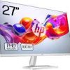 Front view of HP Series 5 527sw 27" FHD Monitor in white. Side profile showcasing the ultra-thin design of the HP 527sw monitor. Back panel displaying HDMI and VGA ports on the HP 527sw monitor. HP 527sw monitor on a desk setup with dual-screen configuration. Close-up of the 3-sided micro-edge bezel on the HP 527sw monitor. HP 527sw monitor displaying vibrant visuals with 99% sRGB color gamut.
