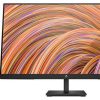 Front view of HP V27i G5 27" FHD Monitor in black. Side profile showcasing the slim design of the HP V27i G5 monitor. Back panel displaying HDMI, DisplayPort, and VGA ports on the HP V27i G5 monitor. HP V27i G5 monitor on a desk setup with dual-screen configuration. Close-up of the three-sided micro-edge bezel on the HP V27i G5 monitor. HP V27i G5 monitor displaying vibrant visuals with 72% NTSC color gamut