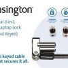 Kensington Universal 3-in-1 Laptop Lock with interchangeable heads Kensington K62318WW shown securing a laptop Close-up of Kensington lock tip and key mechanism Kensington cable lock coiled for storage Lock installed on a wedge-shaped laptop slot Kensington lock packaging with key set
