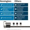 Kensington Universal 3-in-1 Laptop Lock with interchangeable heads Kensington K62318WW shown securing a laptop Close-up of Kensington lock tip and key mechanism Kensington cable lock coiled for storage Lock installed on a wedge-shaped laptop slot Kensington lock packaging with key set