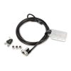 Kensington Universal 3-in-1 Laptop Lock with interchangeable heads Kensington K62318WW shown securing a laptop Close-up of Kensington lock tip and key mechanism Kensington cable lock coiled for storage Lock installed on a wedge-shaped laptop slot Kensington lock packaging with key set