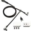 Kensington Universal 3-in-1 Laptop Lock with interchangeable heads Kensington K62318WW shown securing a laptop Close-up of Kensington lock tip and key mechanism Kensington cable lock coiled for storage Lock installed on a wedge-shaped laptop slot Kensington lock packaging with key set