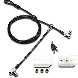 Kensington Universal 3-in-1 Laptop Lock with interchangeable heads Kensington K62318WW shown securing a laptop Close-up of Kensington lock tip and key mechanism Kensington cable lock coiled for storage Lock installed on a wedge-shaped laptop slot Kensington lock packaging with key set