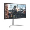 Front view of LG 27UP550N-W 27" 4K UHD Monitor in white. Side profile showcasing the slim design of the LG 27UP550N-W monitor. Back panel displaying HDMI, DisplayPort, USB-C, and USB-A ports on the LG 27UP550N-W monitor. LG 27UP550N-W monitor on a desk setup with dual-screen configuration. Close-up of the ergonomic stand with tilt, pivot, and height adjustments on the LG 27UP550N-W monitor. LG 27UP550N-W monitor displaying vibrant visuals with sRGB 98% color gamut