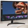 Front view of LG 32UR500-B 31.5" 4K UHD Monitor in black. Side profile showcasing the slim design of the LG 32UR500-B monitor. Back panel displaying HDMI, DisplayPort, and headphone out ports on the LG 32UR500-B monitor. LG 32UR500-B monitor on a desk setup with dual-screen configuration. Close-up of the tilt-adjustable stand on the LG 32UR500-B monitor. LG 32UR500-B monitor displaying vibrant visuals with HDR10 support.