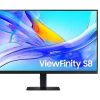 Front view of Samsung ViewFinity S8 32" UHD HDR USB-C Monitor in black. Side profile showcasing the slim design of the Samsung ViewFinity S8 monitor. Back panel displaying USB-C, HDMI, DisplayPort, Ethernet, and USB-A ports on the Samsung ViewFinity S8 monitor. Samsung ViewFinity S8 monitor on a desk setup with dual-screen configuration. Close-up of the ergonomic stand with tilt, swivel, pivot, and height adjustments on the Samsung ViewFinity S8 monitor. Samsung ViewFinity S8 monitor displaying vibrant visuals with DCI-P3 98% color gamut.