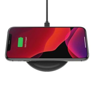 Phone placed Belkin WIZ009MYBK Boost Charge 10W Wireless showing active charging icon
