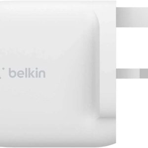 Close-up of Belkin CAR20W charger showing white matte finish