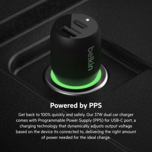Dual port Belkin CAR37W plugged into car power socket