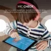 Pink Belkin kids headphones being worn by a child