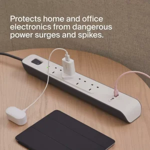 Belkin BSV401AF2M 4Outlet Surge Protection Strip with USB Charging and Power Cord with devices plugged in