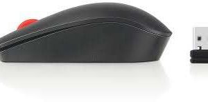 Lenovo ThinkPad Essential Wireless Mouse front view Top-down view of Lenovo 4X30M56887 mouse Side profile of Lenovo ThinkPad Essential Mouse Lenovo wireless mouse with nano receiver Lenovo 4X30M56887 mouse in office setup Compact wireless mouse Lenovo ThinkPad Essential