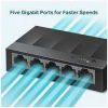 TP-Link TL-LS1005G front view with 5 ports Compact TP-Link 5-Port Gigabit Switch top view TL-LS1005G Ethernet switch in office use Rear side of TP-Link Gigabit Switch Plug-and-play TP-Link desktop switch TL-LS1005G packaging and contents overview