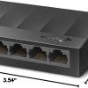 TP-Link TL-LS1005G front view with 5 ports Compact TP-Link 5-Port Gigabit Switch top view TL-LS1005G Ethernet switch in office use Rear side of TP-Link Gigabit Switch Plug-and-play TP-Link desktop switch TL-LS1005G packaging and contents overview
