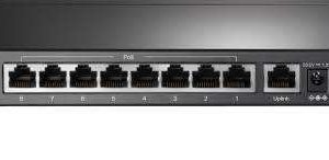 TP-Link TL-SF1009P 9-Port PoE+ front view TL-SF1009P with connected IP cameras PoE+ ports showing power & data delivery Top view of TP-Link TL-SF1009P switch Installation demo for surveillance setup Extended mode coverage chart for PoE+