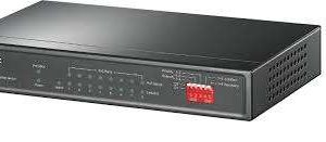 TP-Link TL-SF1009P 9-Port PoE+ front view TL-SF1009P with connected IP cameras PoE+ ports showing power & data delivery Top view of TP-Link TL-SF1009P switch Installation demo for surveillance setup Extended mode coverage chart for PoE+