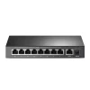 TP-Link TL-SF1009P 9-Port PoE+ front view TL-SF1009P with connected IP cameras PoE+ ports showing power & data delivery Top view of TP-Link TL-SF1009P switch Installation demo for surveillance setup Extended mode coverage chart for PoE+